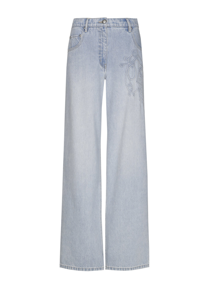 Soepele denimbroek met fantasie in reliëf, normal waist
