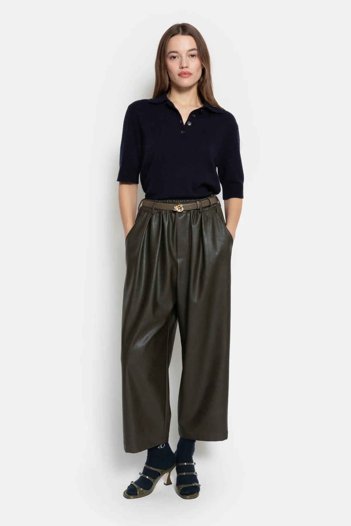Kick Pleated Pants Khaki Faux Leather
