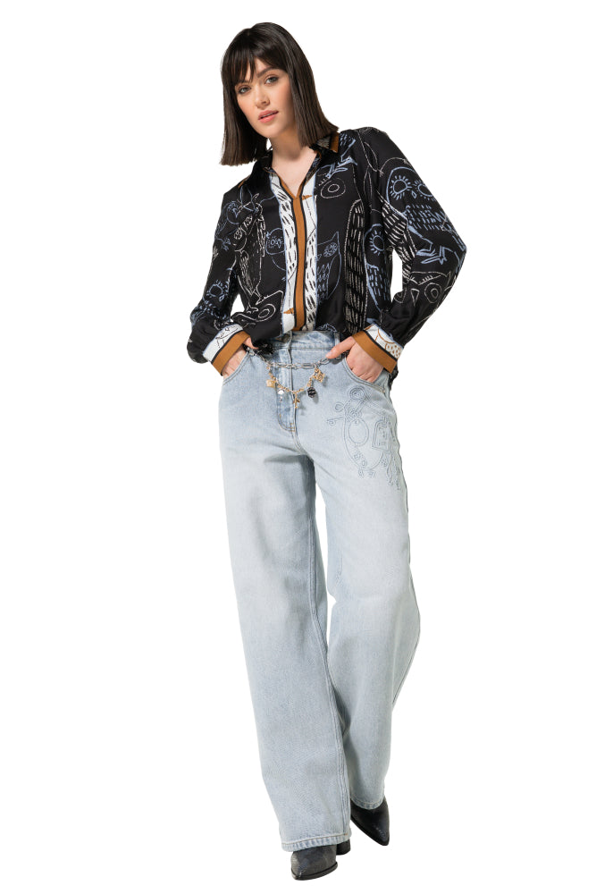 Soepele denimbroek met fantasie in reliëf, normal waist