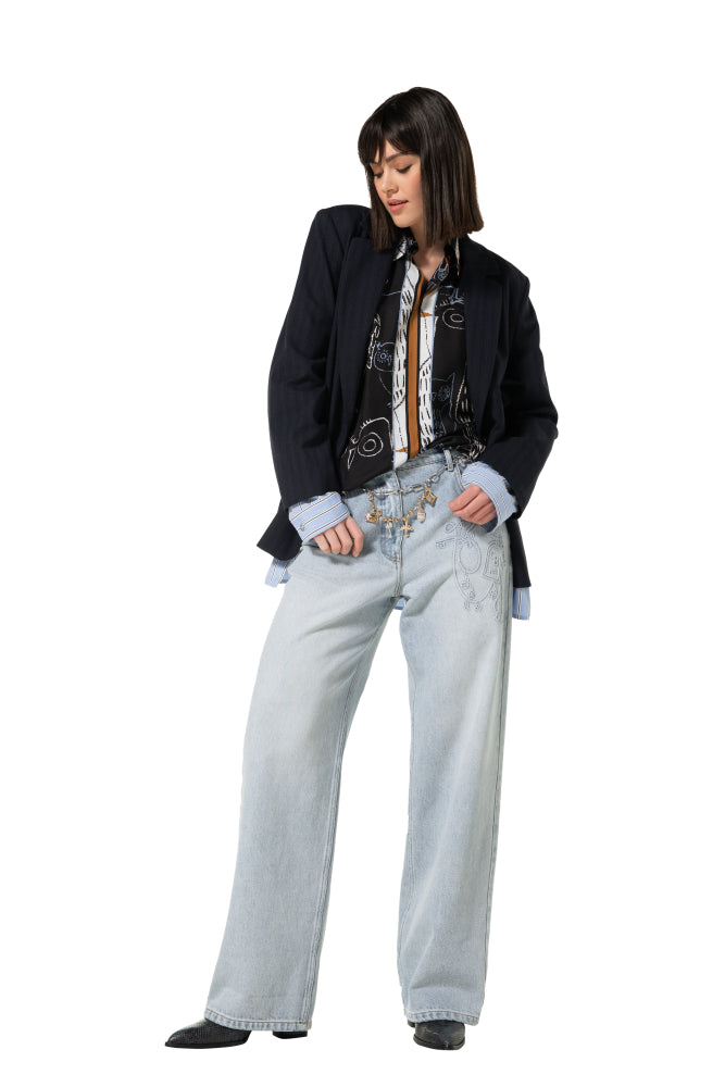 Soepele denimbroek met fantasie in reliëf, normal waist