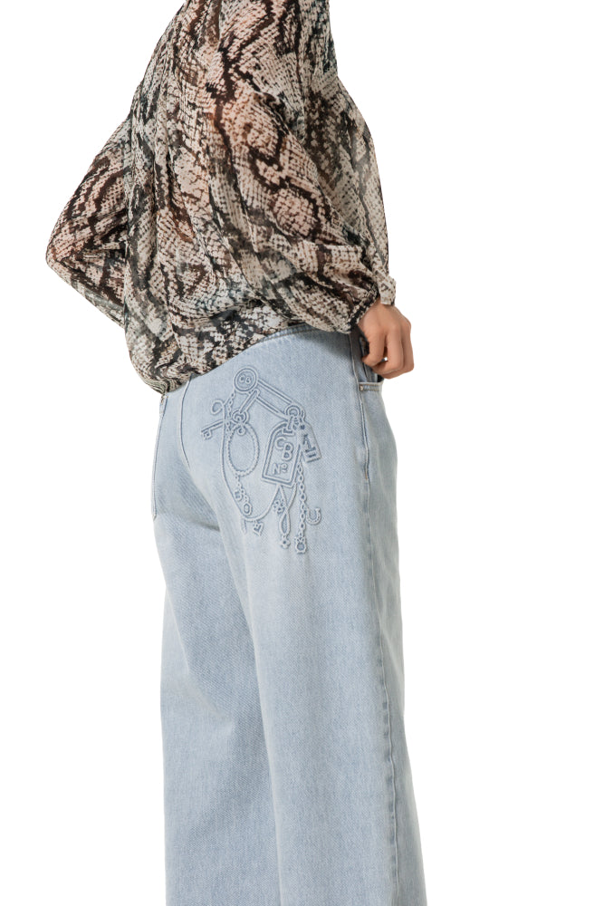 Soepele denimbroek met fantasie in reliëf, normal waist