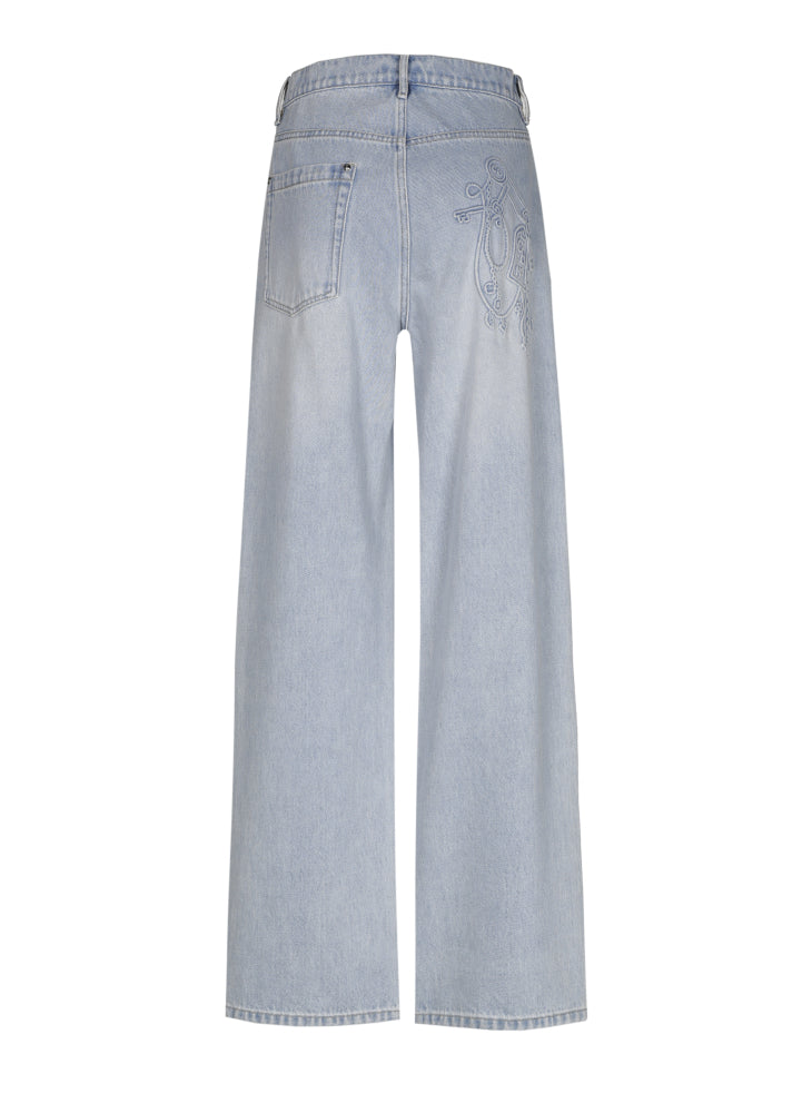 Soepele denimbroek met fantasie in reliëf, normal waist
