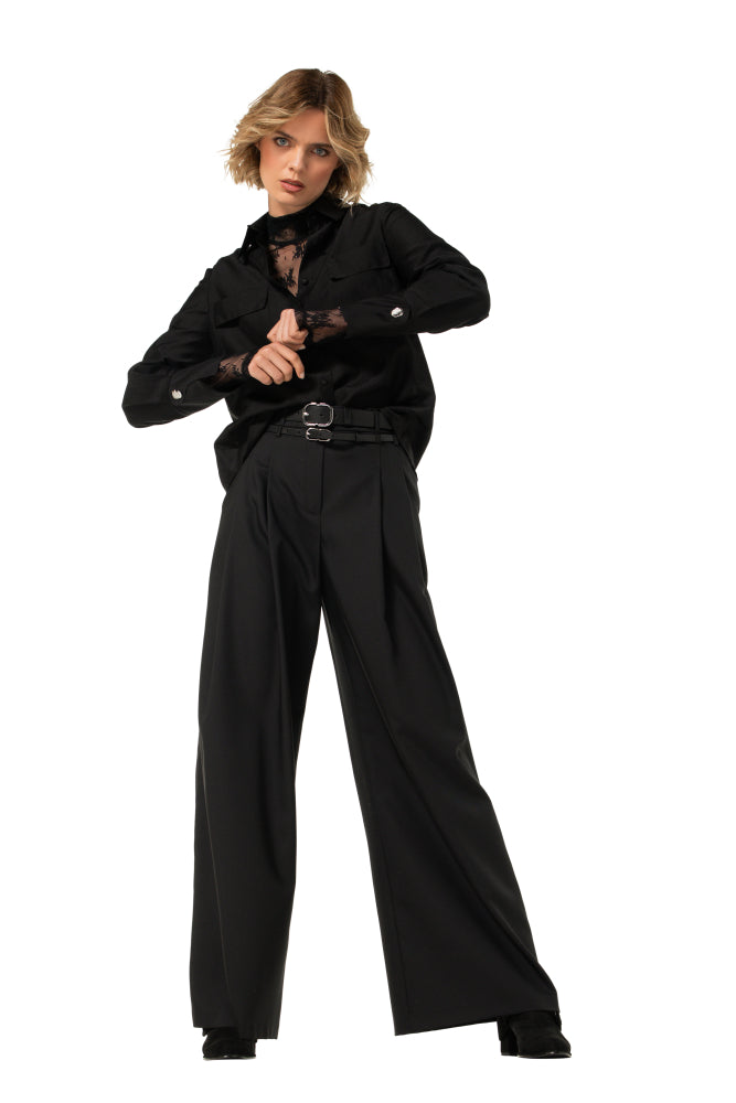 Elegante broek met dubbele riem, mid waist